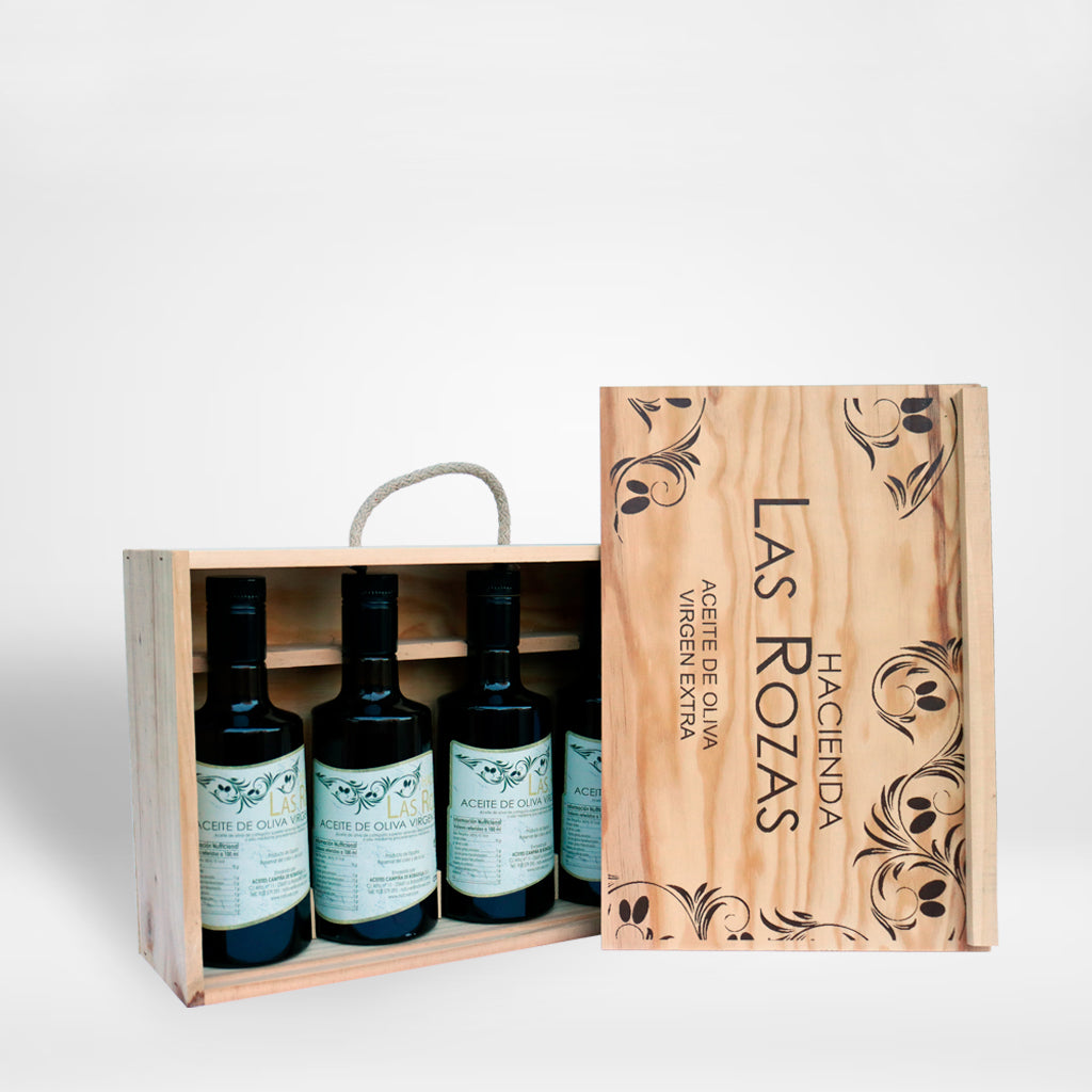 Aceite de Oliva Virgen Extra Cosecha Temprana, PACK de 4 Botellas de cristal de 500 ml + Caja de Madera